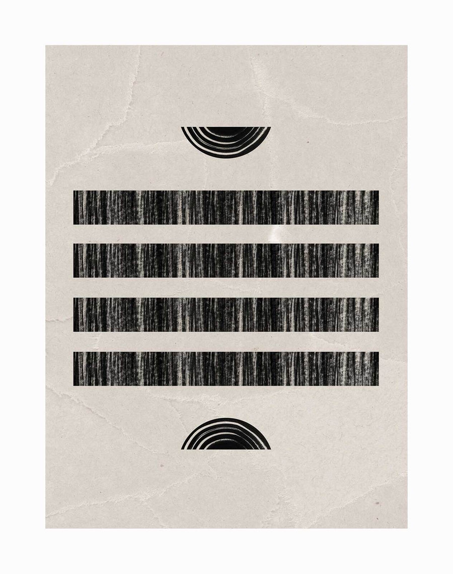The Moshi Unframed Art Print by Urban Road features four textured black bars centered on a beige, crumpled background, with tribal-inspired black semicircle arcs above and below for a minimalist abstract look.