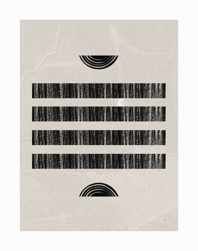 The Moshi Unframed Art Print by Urban Road features four textured black bars centered on a beige, crumpled background, with tribal-inspired black semicircle arcs above and below for a minimalist abstract look.