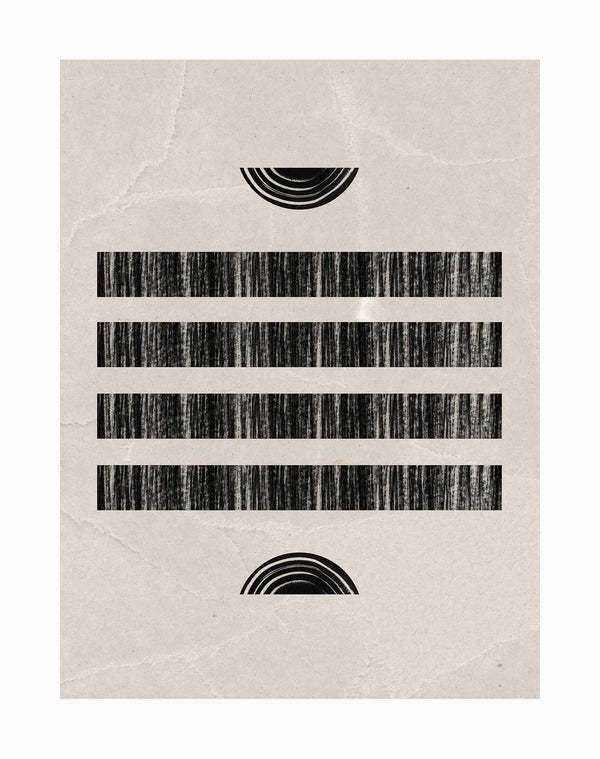 The Moshi Unframed Art Print by Urban Road features four textured black bars centered on a beige, crumpled background, with tribal-inspired black semicircle arcs above and below for a minimalist abstract look.