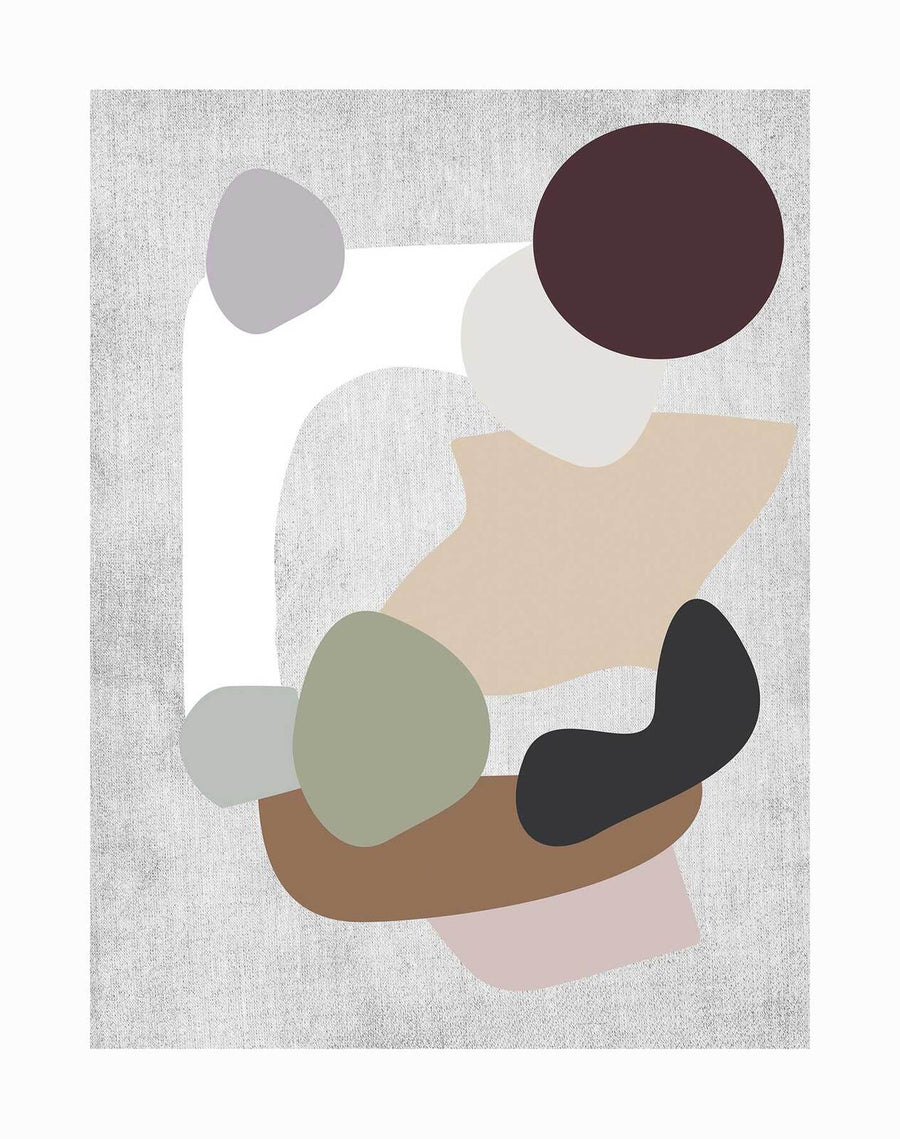 The Atmos Unframed Art Print by Urban Road features overlapping, soft organic shapes in brown, beige, green, gray, black, and white on a textured light gray background. The varied sizes add visual interest to this muted abstract artwork.