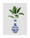 The Wainscot Unframed Art Print by Urban Road features a tall green leafy plant in a blue and white chinoiserie vase, watercolour painted and set against a light gray textured background.