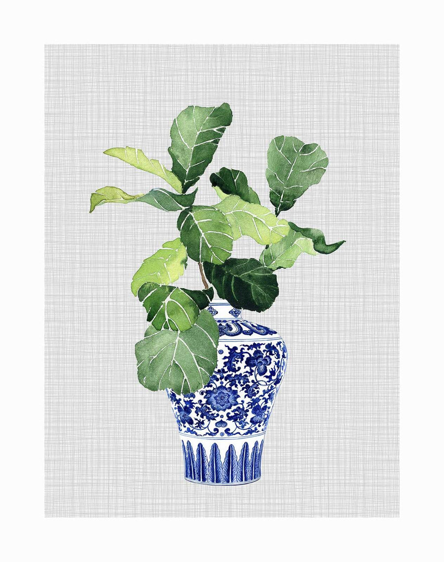The Montauk Unframed Art Print by Urban Road features a watercolor fiddle leaf fig in a chinoiserie vase on a light gray textured background—a stylish choice for fans of Hampton's inspired decor.