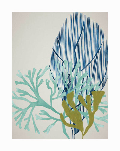 The Osprey Reef Unframed Art Print by Urban Road features three overlapping coral branches in green, teal, and dark blue with vertical lines on the blue coral, set against an off-white background for a watercolor-inspired look.
