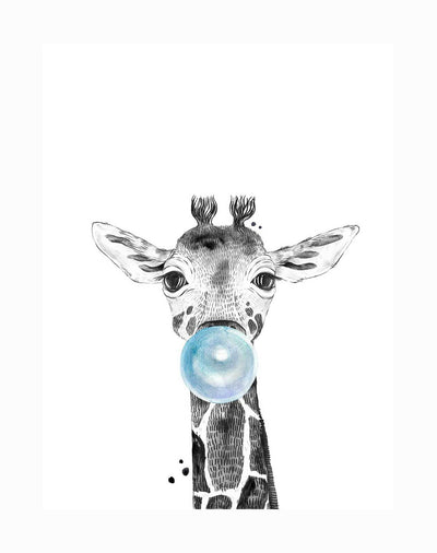 The George Giraffe Unframed Art Print by Urban Road features a black and white giraffe blowing a big blue bubblegum bubble—perfect for adding playful charm to any boy’s room or modern space.