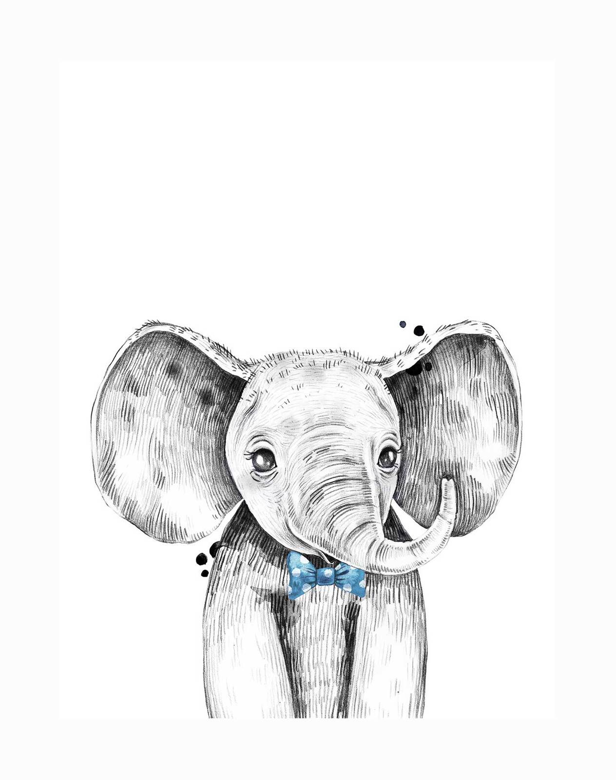 The Errol Elephant Unframed Art Print by Urban Road features a black and white young elephant with a blue bow tie and wide ears on a white background, perfect for boy’s room decor.