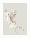 A watercolour-painted owl carries a wilted flower stem in its talons against a light gray background in the "Hunter Unframed Art Print" by Urban Road.