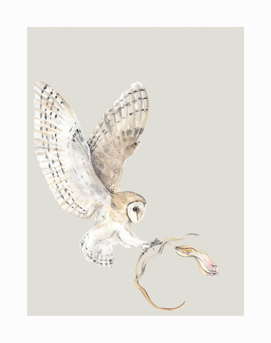 A watercolour-painted owl carries a wilted flower stem in its talons against a light gray background in the "Hunter Unframed Art Print" by Urban Road.