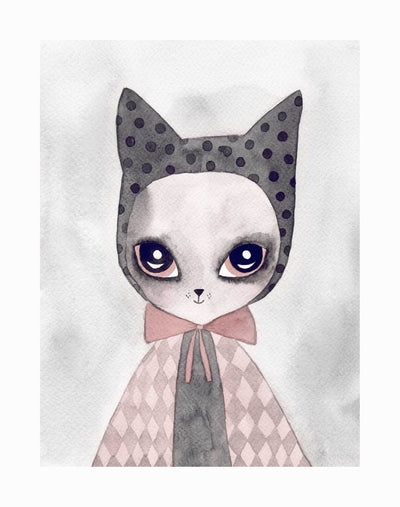 The Urban Road Felina Furr Unframed Art Print features a whimsical watercolor cat with wide eyes, a cat-eared hood with black polka dots, and a diamond-patterned cloak—ideal girls room decor on a soft gray background.