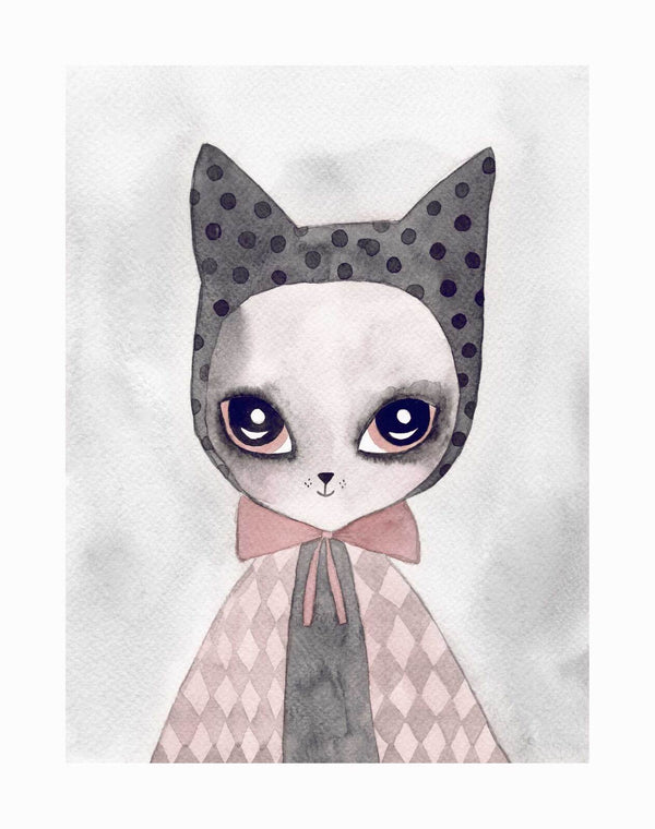 The Urban Road Felina Furr Unframed Art Print features a whimsical watercolor cat with wide eyes, a cat-eared hood with black polka dots, and a diamond-patterned cloak—ideal girls room decor on a soft gray background.
