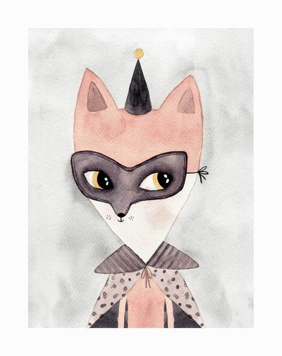 The Secret Hero Unframed Art Print by Urban Road features a masked fox in a party hat and polka-dot cape on a light gray background—perfect whimsical decor for a girl's room.