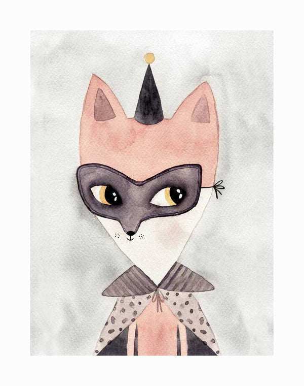 The Secret Hero Unframed Art Print by Urban Road features a masked fox in a party hat and polka-dot cape on a light gray background—perfect whimsical decor for a girl's room.