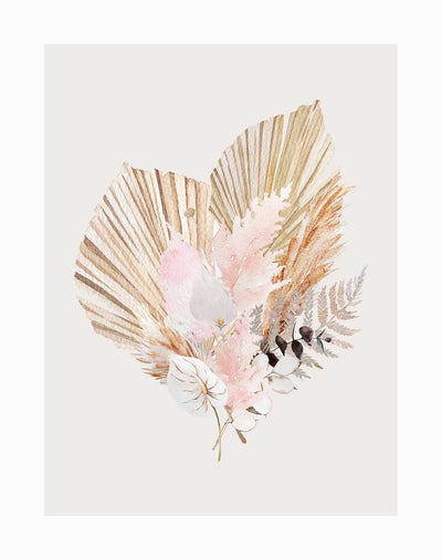 Fan Girl I Unframed Art Print by Urban Road features a delicate watercolor bohemian floral arrangement with dried palm leaves, soft pink pampas grass, and beige foliage, reflecting the signature Urban Road aesthetic.