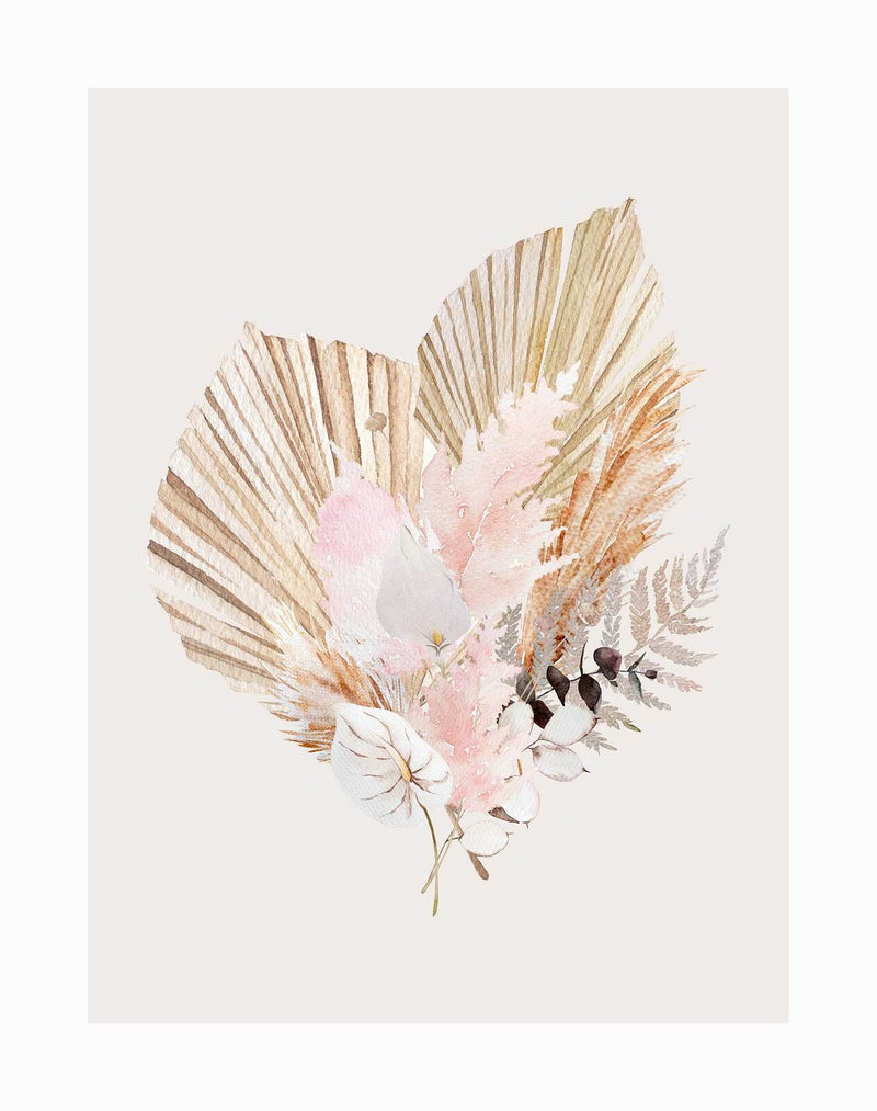 Fan Girl I Unframed Art Print by Urban Road features a delicate watercolor bohemian floral arrangement with dried palm leaves, soft pink pampas grass, and beige foliage, reflecting the signature Urban Road aesthetic.
