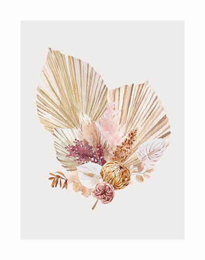 Fan Girl II Unframed Art Print" by Urban Road features a bohemian-inspired watercolor of dried palm leaves, grasses, and flowers in neutral earthy tones, delicately arranged on a light background.