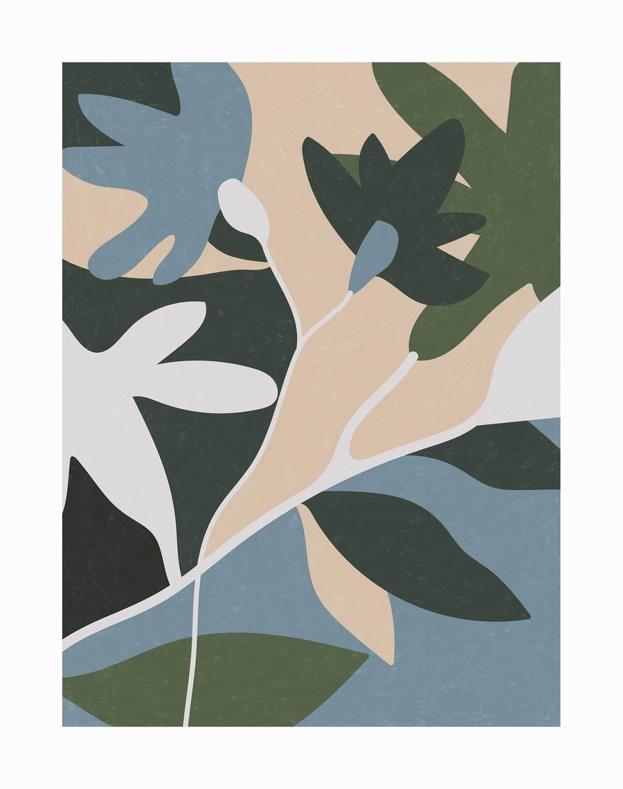 The Garden Party Unframed Art Print by Urban Road features overlapping botanical and floral shapes in green, blue, beige, and white with stylized leaves and stems in soft, textured, muted tones.