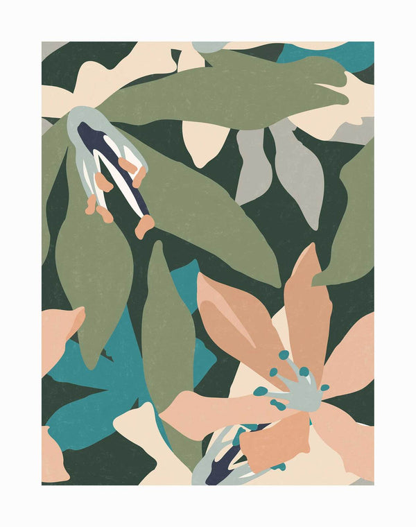 Spring Fling Unframed Art Print by Urban Road features large, muted peach and green lilies with stylized leaves in a soft, feminine abstract style, showcasing the modern, nature-inspired elegance the brand is known for.