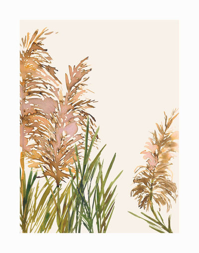 The Urban Road "Fields of Gold II" Unframed Art Print features tall brown and green watercolour pampas grass on a light beige background, with more foliage on the left and open space to the right.