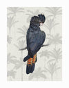 The Urban Road Tropical Cockatoo Unframed Art Print features a Black Cockatoo with an orange-and-black striped tail on a branch, set against a light background with subtle tropical palm tree silhouettes.