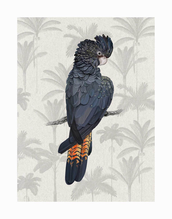 The Urban Road Tropical Cockatoo Unframed Art Print features a Black Cockatoo with an orange-and-black striped tail on a branch, set against a light background with subtle tropical palm tree silhouettes.