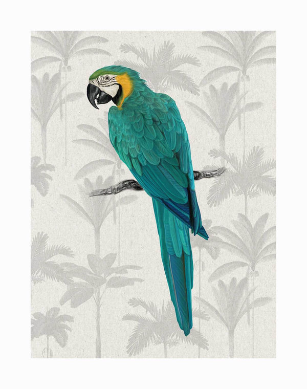 The Tropical Macaw Unframed Art Print by Urban Road features a vibrant Blue-and-Yellow Macaw perched on a branch, set against a light background with subtle gray tropical palm tree silhouettes.