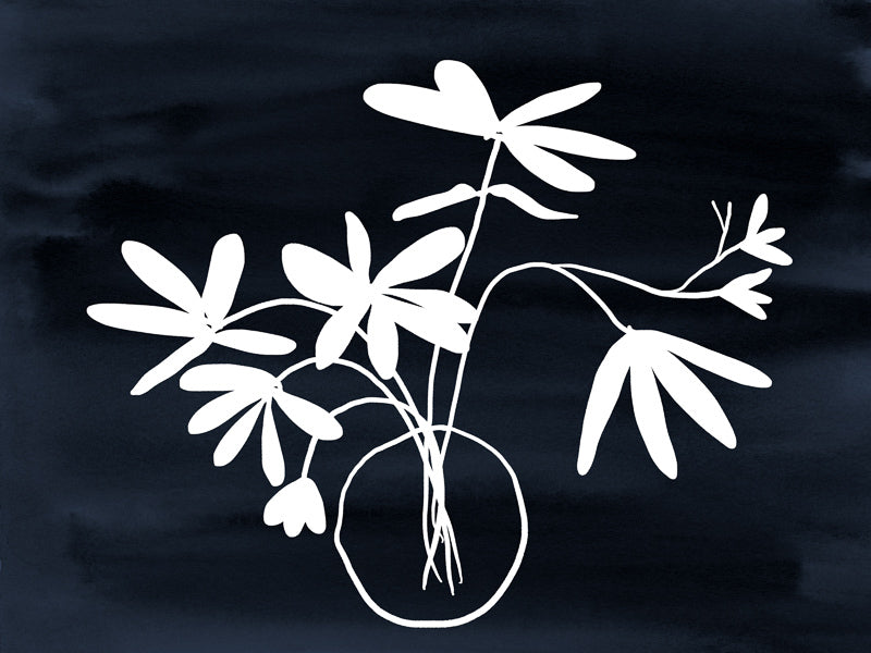 The Indigo Etchings III Unframed Art Print by Urban Road features a minimalist white leafy plant in a round vase, set against a dark background with simple lines and subtle indigo details for added depth.