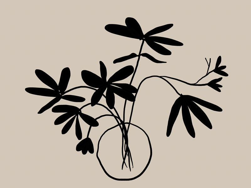 Minimalist black silhouette of a leafy plant with long stems in a round vase on a light beige background—Beige Etchings III Unframed Art Print by Urban Road.
