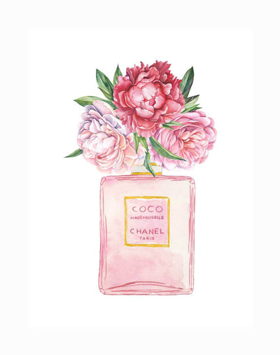 The Mademoiselle Unframed Art Print by Urban Road features a watercolor pink Chanel Coco Mademoiselle perfume bottle, decorated with pink peonies, red blooms, and green leaves emerging from the top on a white background.