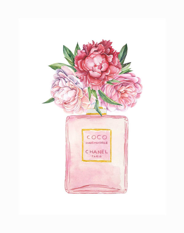The Mademoiselle Unframed Art Print by Urban Road features a watercolor pink Chanel Coco Mademoiselle perfume bottle, decorated with pink peonies, red blooms, and green leaves emerging from the top on a white background.