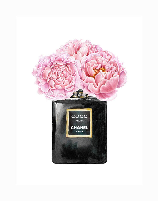 A stunning Noir Unframed Art Print by Urban Road showcases a black perfume bottle with three vibrant pink peonies blooming from the top, set against a clean white background.