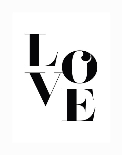 The "Big Love Unframed Art Print" by Urban Road features bold black serif letters spelling "LOVE," stacked and overlapping in a monochrome style on white—an iconic typographic artwork.