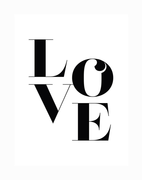The "Big Love Unframed Art Print" by Urban Road features bold black serif letters spelling "LOVE," stacked and overlapping in a monochrome style on white—an iconic typographic artwork.
