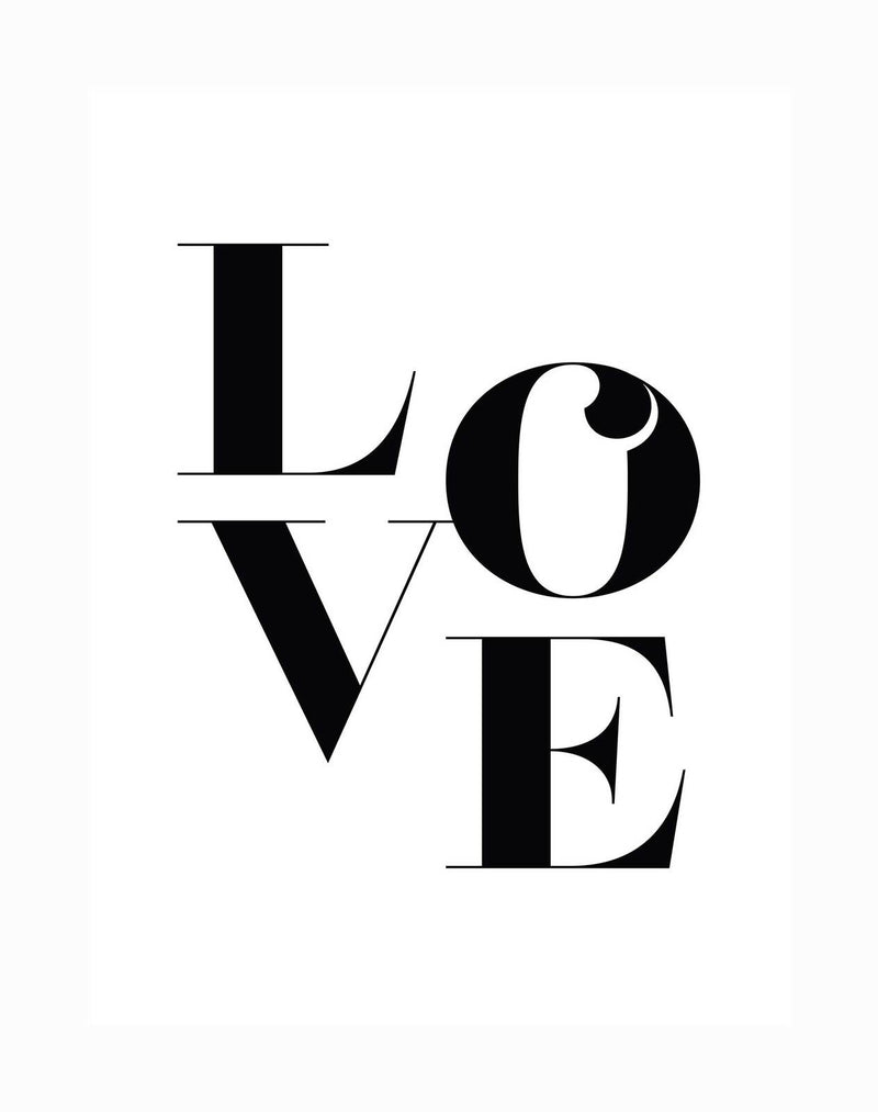The "Big Love Unframed Art Print" by Urban Road features bold black serif letters spelling "LOVE," stacked and overlapping in a monochrome style on white—an iconic typographic artwork.