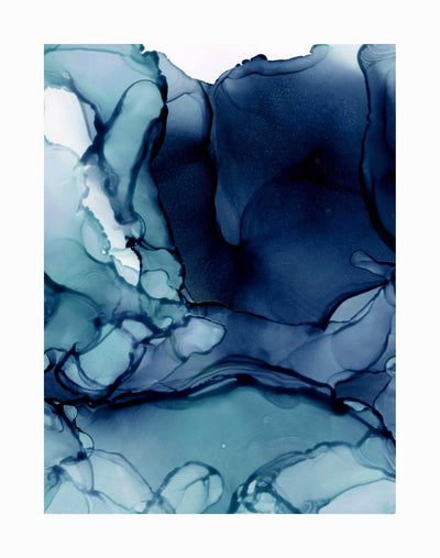 The Blueberry I Unframed Art Print by Urban Road features abstract alcohol ink artwork with flowing navy blue and teal swirls, blending seamlessly for a marble-like effect reminiscent of ocean waves or ink in water.