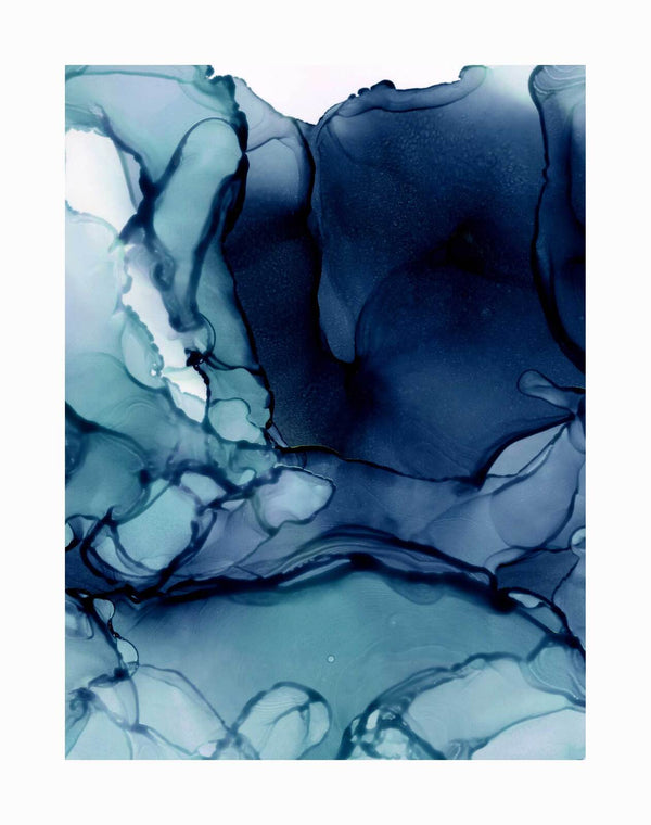 The Blueberry I Unframed Art Print by Urban Road features abstract alcohol ink artwork with flowing navy blue and teal swirls, blending seamlessly for a marble-like effect reminiscent of ocean waves or ink in water.