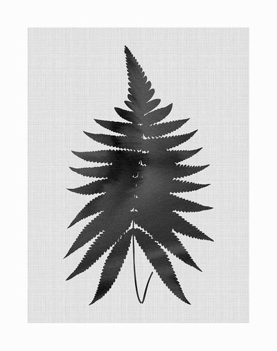 The Fern Black Unframed Art Print by Urban Road features a black, stylized fern silhouette resembling a tree branch on a textured light grey background, offering a minimalist and artistic look.