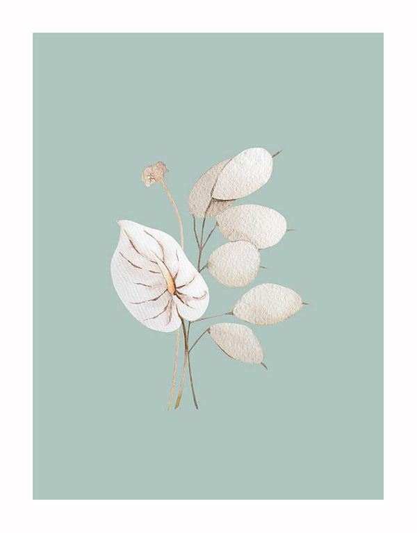 Minimalist illustration of delicate white and beige botanicals with fine lines on a soft green background, inspired by the Mint Anthurium II Unframed Art Print from Urban Road.