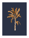 Golden Palm I Unframed Art Print by Urban Road features a gold banana plant with large brown leaves and a hanging flower on a dark blue background.