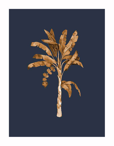 Golden Palm I Unframed Art Print by Urban Road features a gold banana plant with large brown leaves and a hanging flower on a dark blue background.