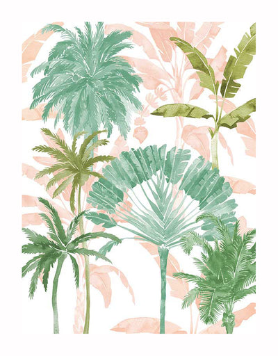 Exotic Palms II Unframed Art Print by Urban Road features watercolor illustrations of tropical plants and palms with green leaves, set against a soft peach and beige background accented by subtle palm leaf silhouettes.