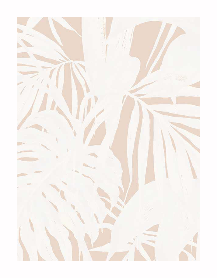 Beige and white tropical leaves overlap in the Urban Road Neutral Palms I Unframed Art Print, featuring palm and monstera foliage for a soft, abstract botanical look.