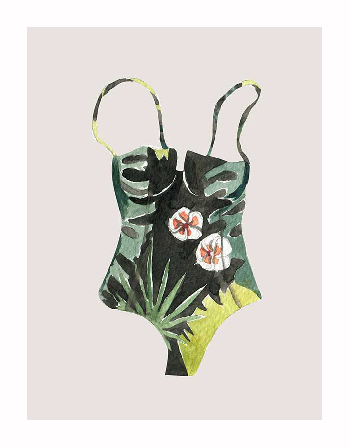 Swimsuit I Unframed Art Print by Urban Road features a one-piece swimsuit with green tropical leaf and white flower patterns on a light gray background—perfect wall art for fans of stylish swimwear and tropical designs.