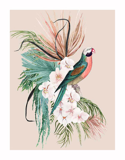A vibrant parrot rests among pastel palms and orchids on a peach background—the Parrot Oasis Unframed Art Print by Urban Road.