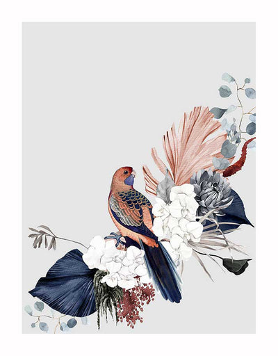 A colorful parrot among blue, pink, and white tropical leaves sits on a light grey background, inspired by Urban Road’s Blushing Rosella Unframed Art Print.