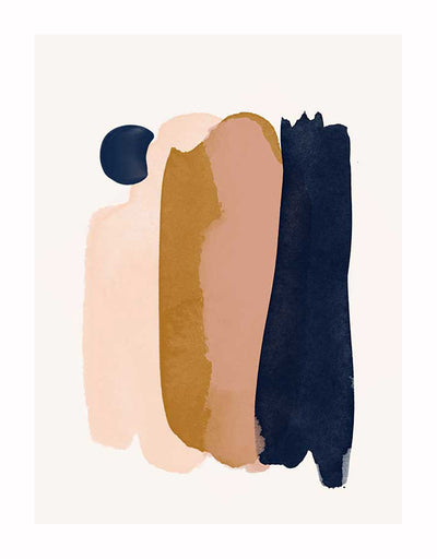 The Awoken Unframed Art Print by Urban Road features overlapping vertical brushstrokes in pale pink, mustard yellow, tan, and dark blue with a small dark blue circle near the top left, adding energy to any white-walled space.