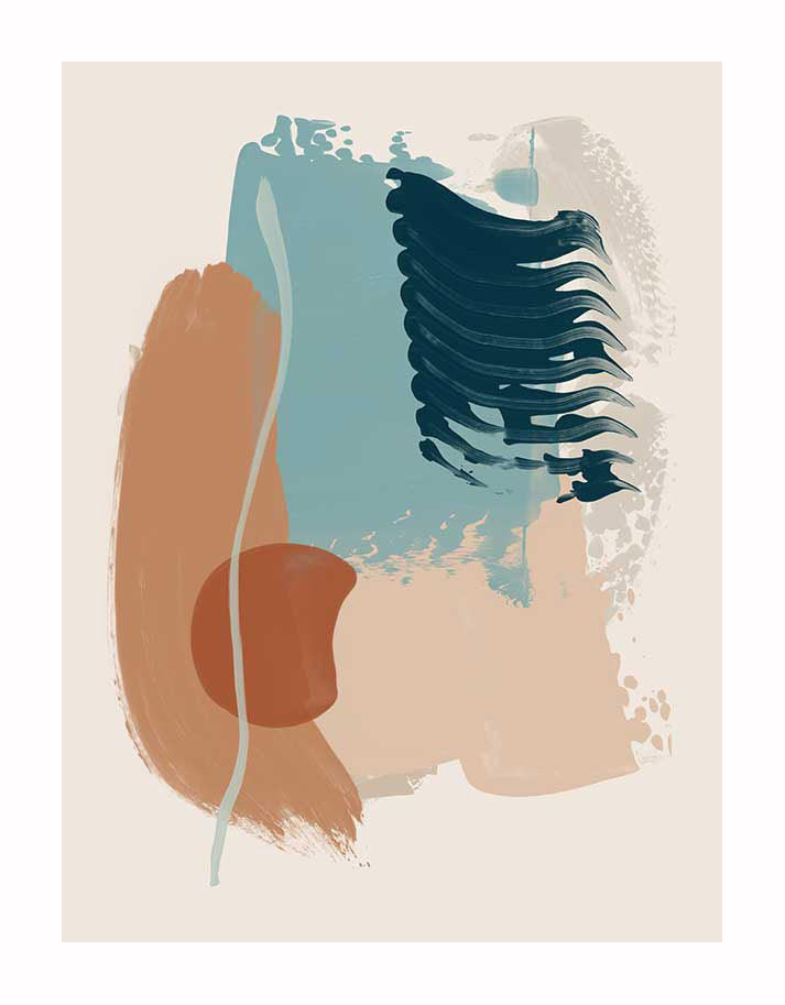 The Urban Road Peaceful Perspective Unframed Art Print features overlapping teal, beige, brown, and dark blue brushstrokes with organic shapes and a curved line, adding texture and style to any light cream background.