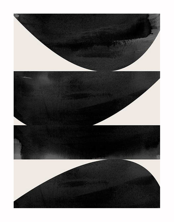 Urban Road’s Totem I Unframed Art Print features three thick, uneven black watercolor geometric shapes stacked horizontally on a light beige background. The brushstrokes have soft, feathered edges and space between each stroke.