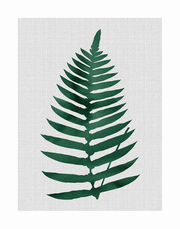 The Beech Green Unframed Art Print by Urban Road features a watercolor illustration of a single emerald green fern leaf with evenly spaced leaflets on a textured light grey background.