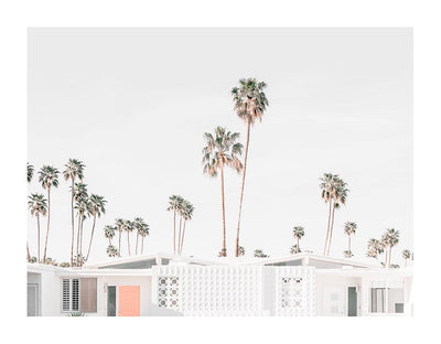 A minimalist scene features a white modern building with geometric details, pale sky, tall palm trees, and a light coral door. This bright, airy image is ideal as the Urban Road Palm Springs House Unframed Art Print.
