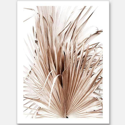 The Dry Humour Unframed Art Print by Urban Road features a striking close-up of overlapping dried fan palm fronds in soft beige and light brown tones on a white background, creating an elegant natural botanical artwork.