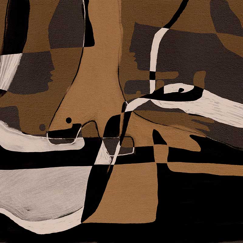 Abstract composition in earthy browns, blacks, and creams with intersecting organic forms and curved lines, from the Shatha collection with Urban Road.